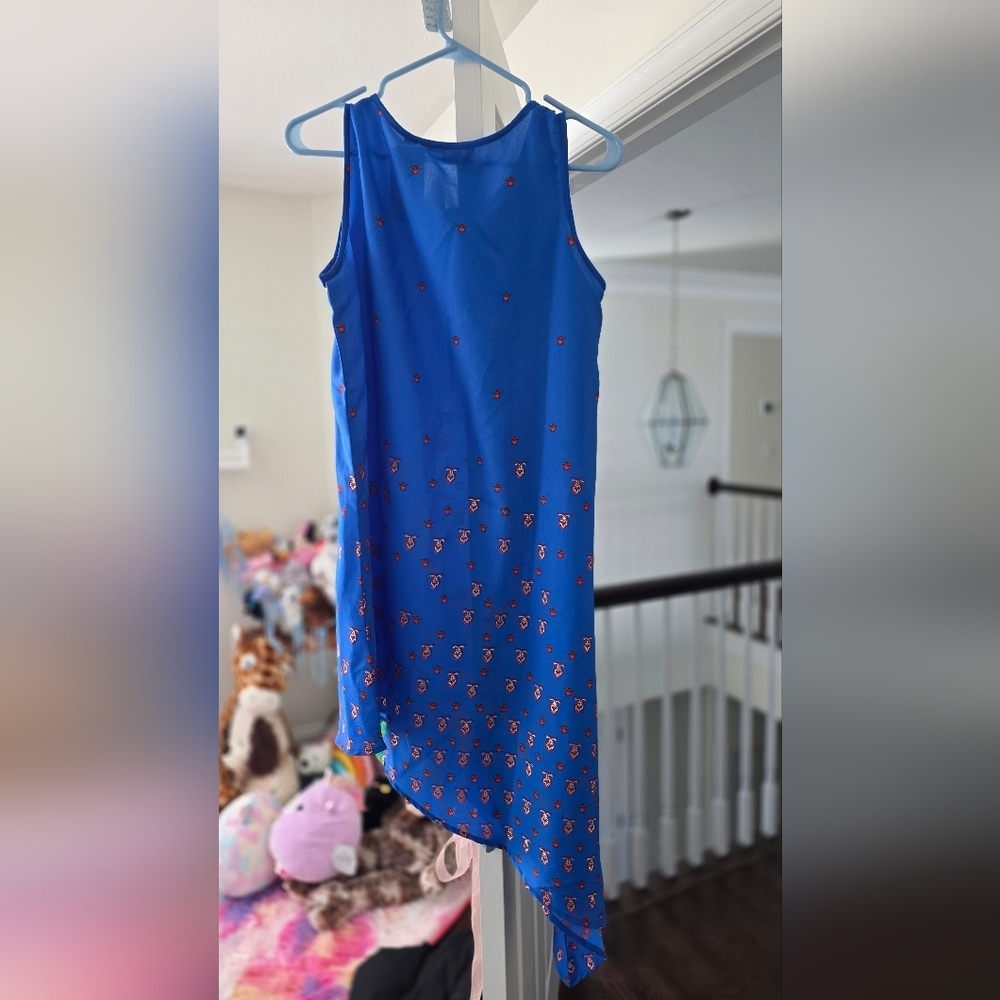 Blue Asymmetrical Hem Sleeveless Tunic Top | Red Mini Print | Size 8 - Picture 6 of 9